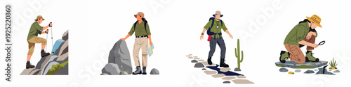 Set of diverse adventurers exploring nature, engaging in hiking, navigation, and outdoor discovery with appropriate gear.
