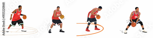 Dynamic vector illustrations of male basketball players dribbling the ball in various action poses.
