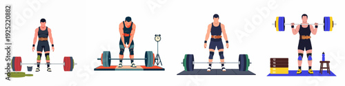 Male weightlifter performing various strength training exercises including deadlifts and squats, demonstrating power, fitness, and athletic preparation in a gym setting.