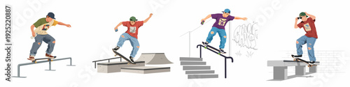 Collection of Dynamic Skateboarders Performing Grinds and Tricks on Urban Ramps, Rails, and Benches - Flat Illustration.