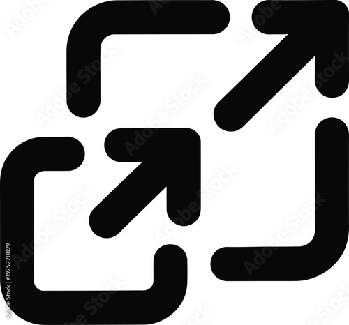 Minimalist expand icon, black line vector of two squares with diagonal arrows, full screen and scale out symbol for web interface