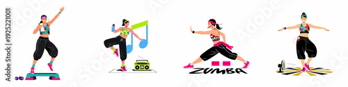 Energetic women performing diverse Zumba and dance fitness workouts with vibrant enthusiasm and modern illustration style.