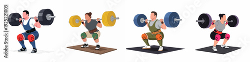 Diverse powerlifters perform heavy barbell squats. Men and women engaged in strength training and weightlifting. Dynamic vector illustration set for fitness and sport.
