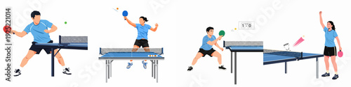 Table tennis players in various dynamic poses and actions during a game, including serving, hitting, scoring, and celebrating a victory.