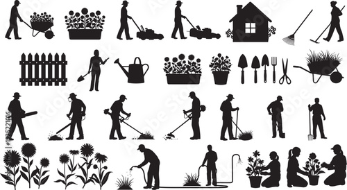 Black vector silhouette set of people gardening mowing lawn watering plants and using tools for backyard landscaping horticulture and outdoor maintenance branding