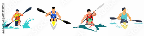 Dynamic illustration set of men kayaking and canoeing, showcasing various paddling actions and watersports excitement.
