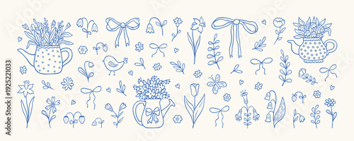 Coquette hand drawn Spring elements. Minimalist art sketch whimsical lines. Vector blossom meadow and garden flowers, bows, floral decor, watering can,bird, leaves and herb, strawberry, butterfly.