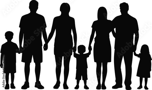 Silhouette of Two Families Standing Together Holding Children Hands, Parents and Kids Unity, Love and Support Concept, Parenthood and Togetherness Isolated on White Background