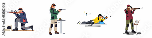 Shooting Sports Illustration: Athletes Engaging in Rifle and Pistol Marksmanship, Biathlon, and Target Practice Across Various Stances with Gear.