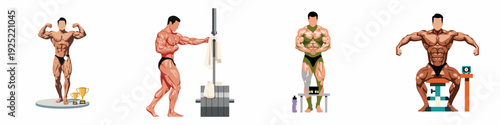 Vector illustration of muscular bodybuilders posing and training in a gym setting, showcasing strength and fitness achievements.
