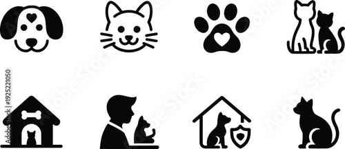 Minimalist pet care icons, 8 black vector silhouettes of cats and dogs, veterinary clinic and animal shelter symbols, pet adoption graphics