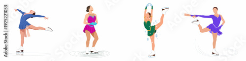Four female figure skaters gracefully perform on ice, showcasing elegance and artistry in vibrant costumes during a winter sport competition.
