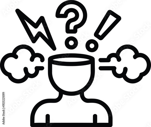 Mental stress line icon, frustrated person with steam and lightning, psychological pressure and headache concept, brain burnout vector illustration
