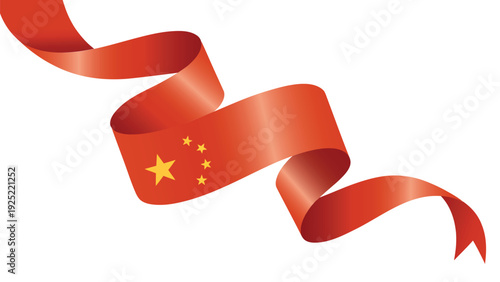 China Flag Ribbon Waving Banner with Five Yellow Stars Isolated on White Background, Patriotic Chinese National Symbol and Identity Design