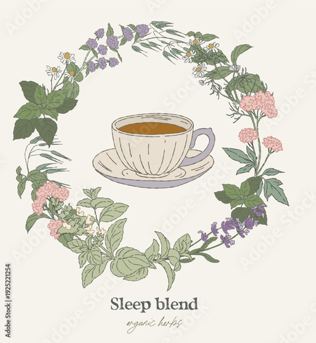 Hand drawn circular wreath, sleep tea herbs
