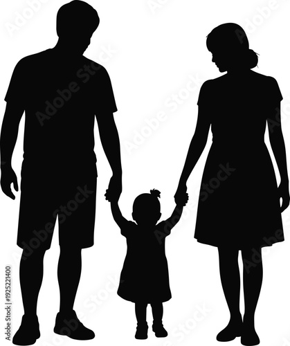 Silhouette of Parents Holding Toddler Hands, Loving Mother and Father with Little Child Walking Together, Family Bonding and Parenthood Concept Isolated on White Background