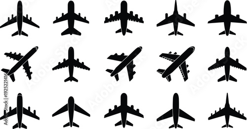 Airplane silhouette icon set with top view passenger aircraft variations, isolated on white background, aviation transport symbols for travel, airline and design