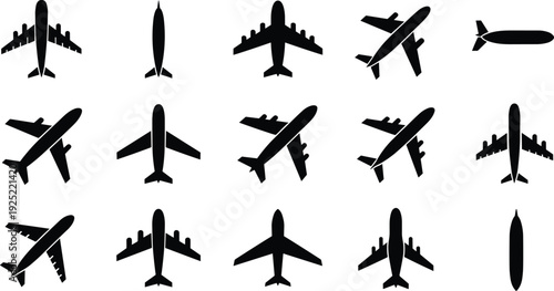Airplane silhouette set in top view with various passenger aircraft shapes, isolated on white background, aviation transport icons for travel and design