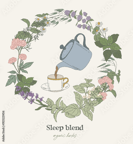 Hand drawn circular wreath, sleep tea herbs