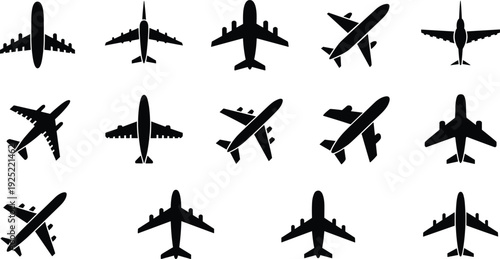 Airplane silhouette set with top and angled view passenger aircraft icons, isolated on white background, aviation transport collection for travel and airline design