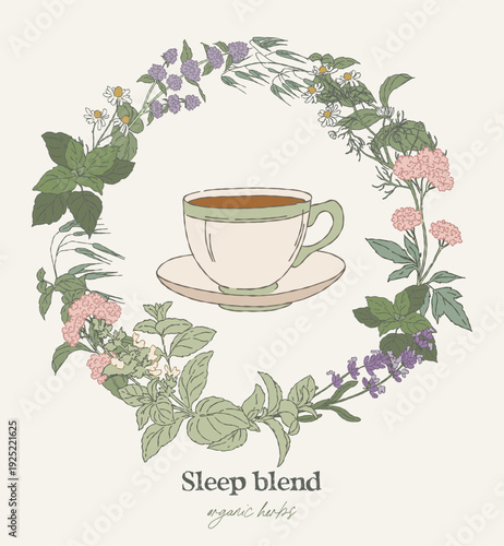 Hand drawn circular wreath, sleep tea herbs