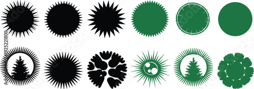 Black and green sunburst badge silhouettes with spiky circles, round stamps and tree emblems, abstract starburst label set for retro sale stickers and logos.