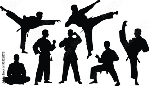 Set of Martial Arts Silhouettes Performing High Kicks, Fighting Stances and Meditation Pose, Karate Training Vector Illustration Isolated on White Background
