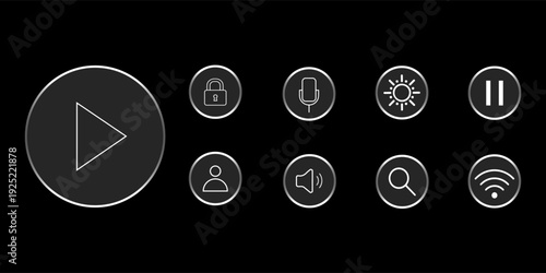 Liquid glass effect UI Design Elements for Glass button interface icon with light frame for mobile phone interface or web, vector illustration. Play, sound, mic or search