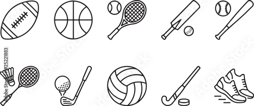 A collection of ten minimalist line art icons representing various sports equipment and activities Vector