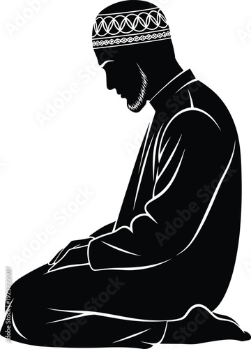 Vector of a man kneeling in traditional attire performing prayer rituals.