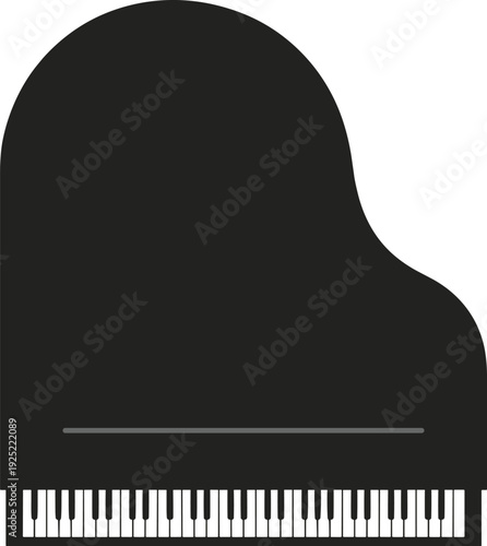 Black grand piano silhouette with keyboard, isolated on white background, musical instrument icon for music concept, concert design and classical performance illustration
