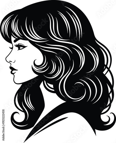 Side-profile  vector of a woman with long curly hair and defined facial features
