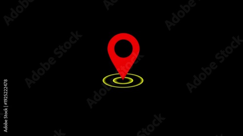 Red location icon animation and radio waves on black background.