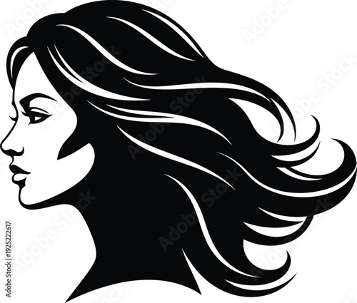Vector of a woman's face with flowing black hair seen in profile view