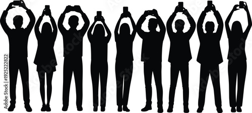 Silhouettes of People Holding Smartphones Above Heads Taking Photos, Social Media and Crowd Photography Concept Vector Illustration Isolated on White Background