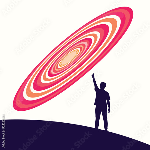 Vector of a person standing on a hill pointing towards a swirling colorful galaxy in the sky