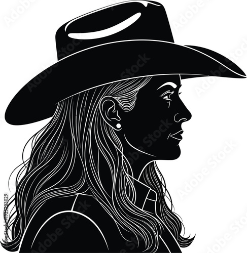 Vector of a woman wearing a cowboy hat with long flowing hair and an earring