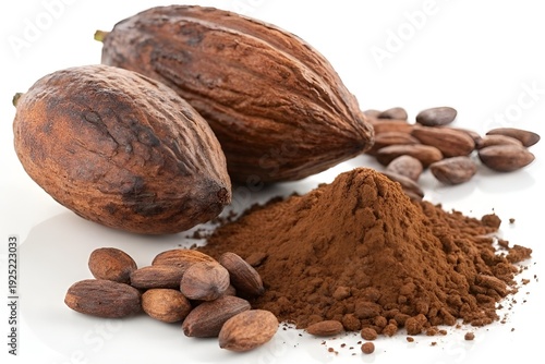 Photorealistic Cocoa Pods with Cocoa Powder and Beans on White Background