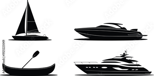 Boat and yacht silhouette set with sailboat, speedboat, canoe and luxury yacht vector illustration isolated for marine design and nautical transport branding