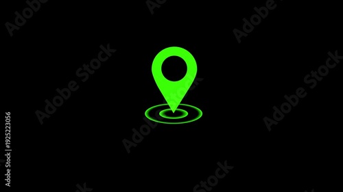 Green  location icon animation and radio waves on black background.