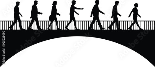 Silhouettes of People Walking Across Bridge in Side View, Urban Crowd Commuting Concept Vector Illustration Isolated on White Background