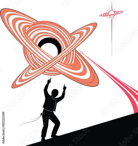 Vector of a person interacting with a swirling spiral design connected to a planet