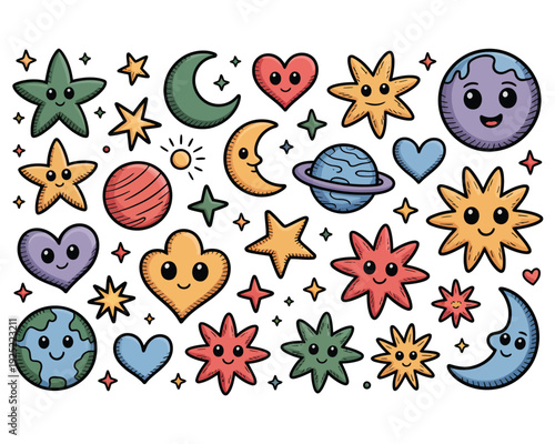 Cute cartoon celestial bodies and shapes with happy faces stars planets moon and earth illustrations for children designs isolated on transparent background