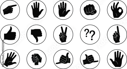Various hand gestures depicted in circular frames a striking silhouette