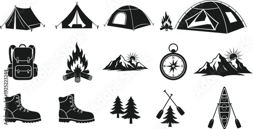 Camping equipment icons including tents backpack fire and boots silhouette