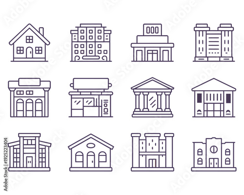 Outline icons of various buildings and architectural structures for city life and real estate concepts in dark purple color isolated on transparent background