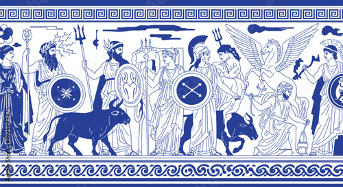 Vector illustration of ancient Greek mythological scene in blue