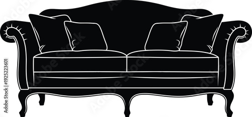 Elegant sofa with ornate details and plush cushions a black silhouette