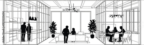 Modern office interior line art with business people working in open workspace vector illustration isolated on white background