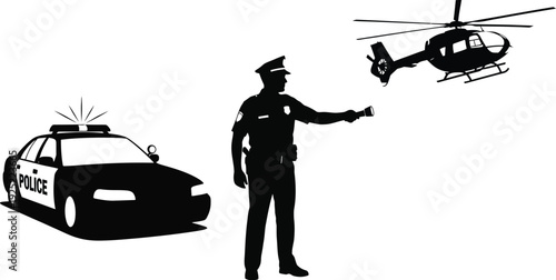 Police car with flashing lights and officer in dark silhouette